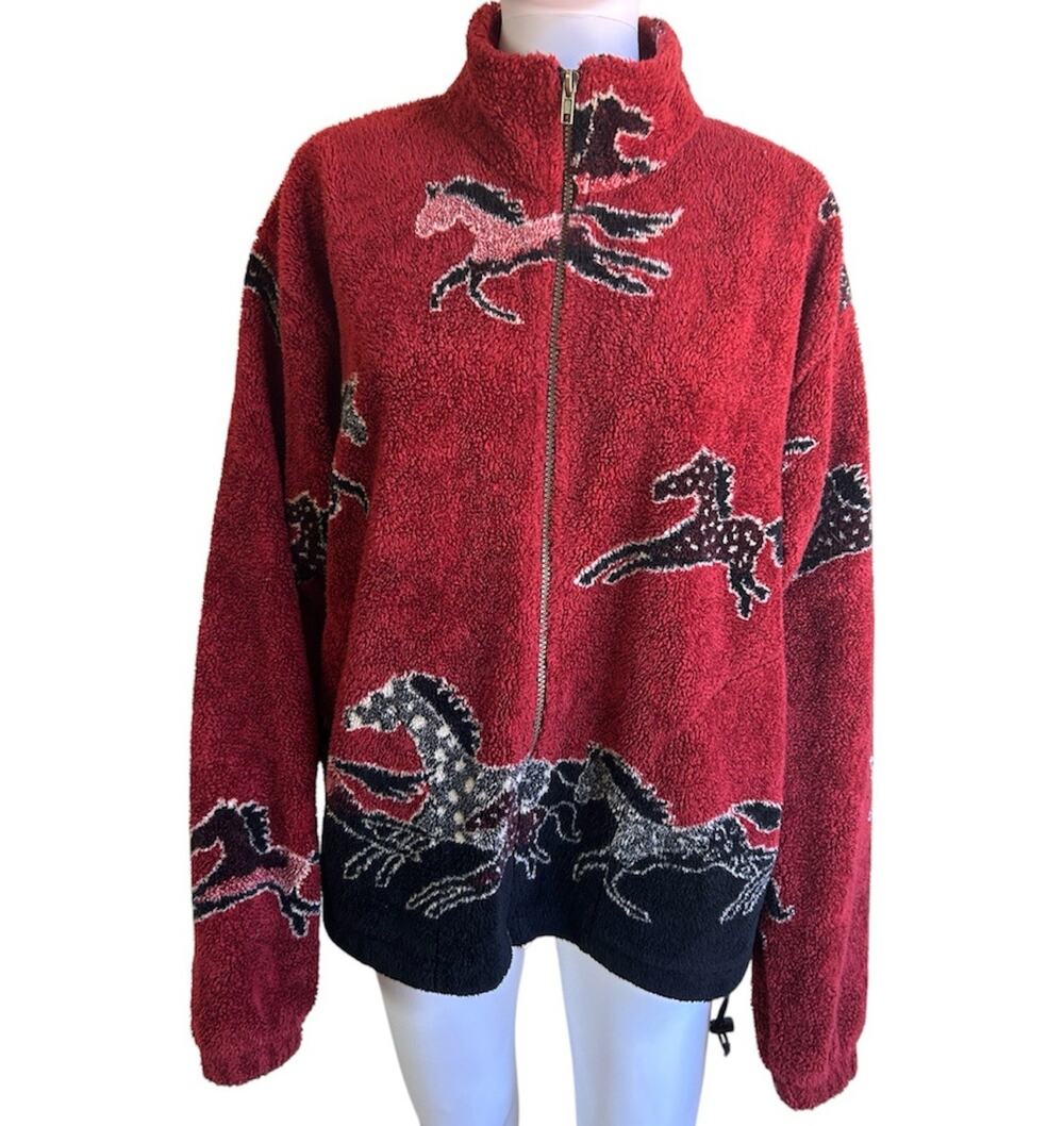 Vintage Outback Trading Horse Print Fleece Jacket Womens S Equestrian Ranch